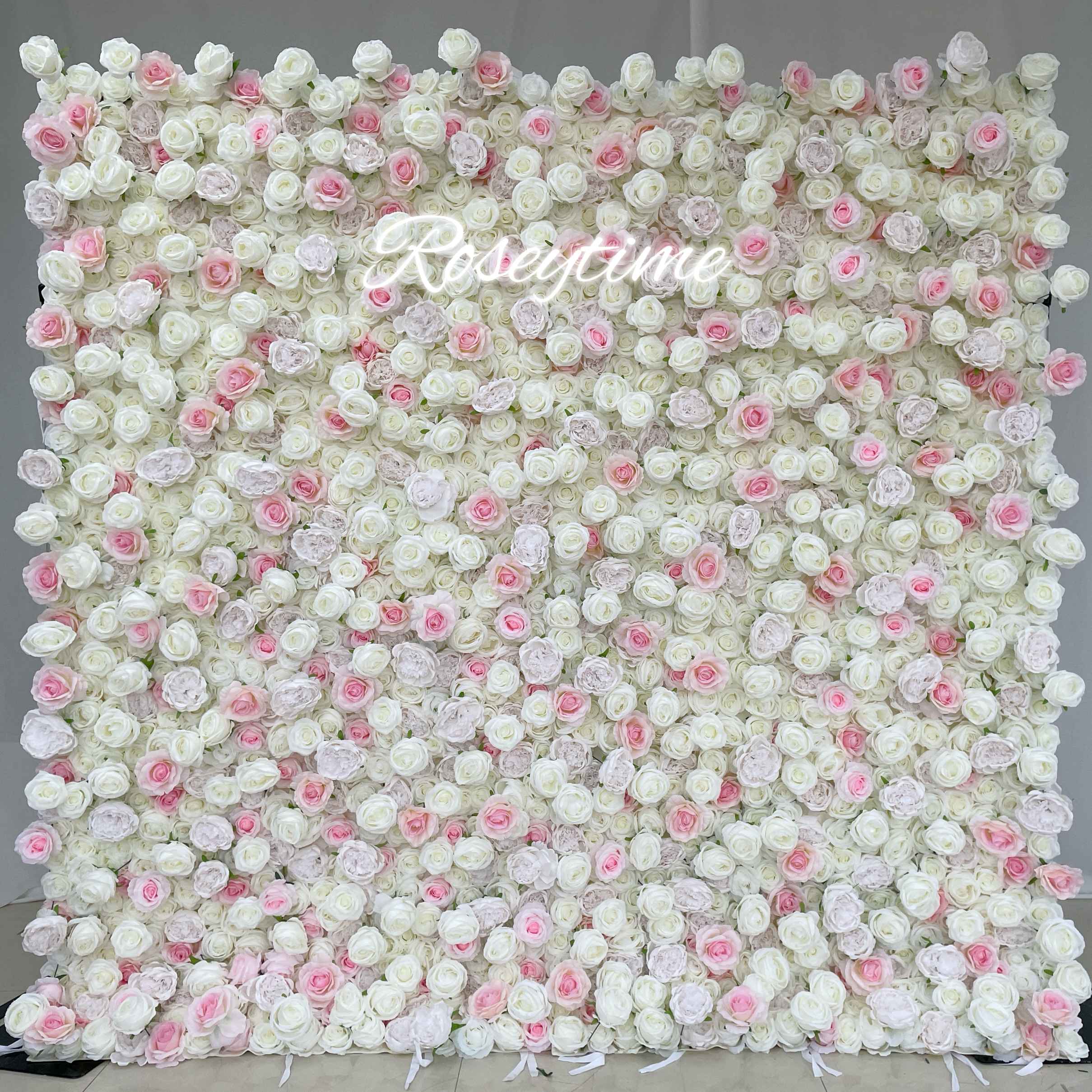 Roseytime 3D White&Pink Roses Flower Wall Roll Up Fabric Back #RTW301