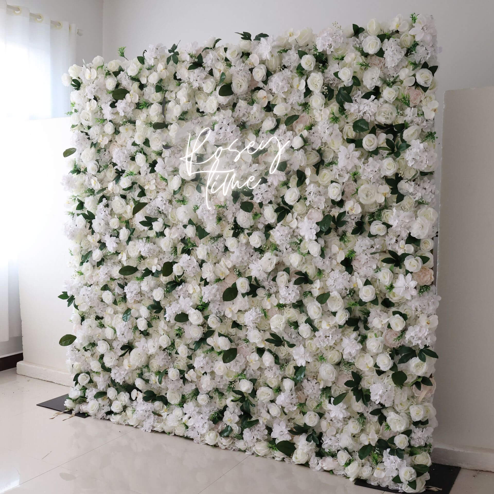 Roseytime 3D White&Green Flower Wall Roll Up Fabric Back #RTW289