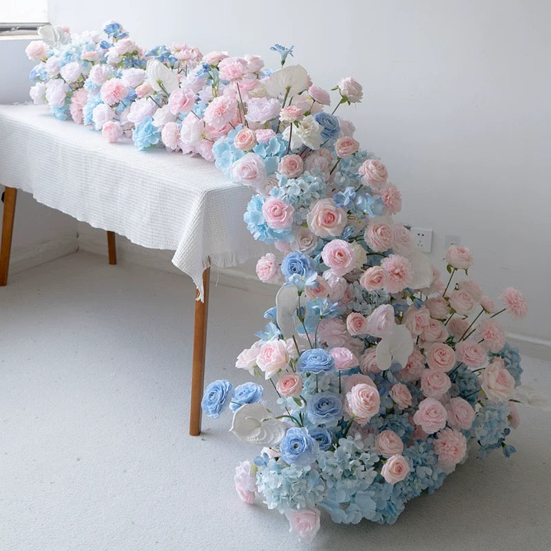 Roseytime Blue&Pink Flower Runner Table Flower Decor#RTR084