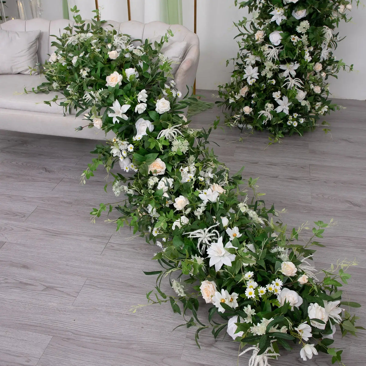 Roseytime Green White Roses Flower Rows Table Flower Runner #RTR007