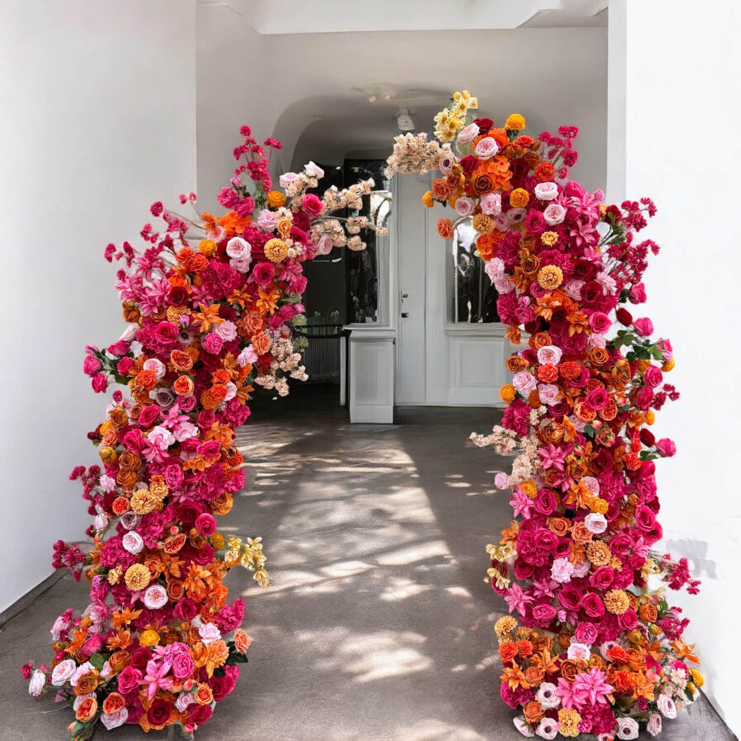 Roseytime Fuchsia&Orange Flower Pillars Arch with Frame #RTP067