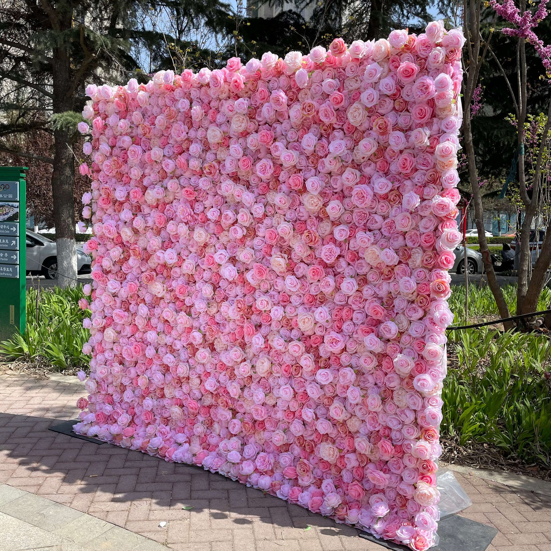 Roseytime 3D Pink Flower Wall Roll Up Fabric Back#RTW217