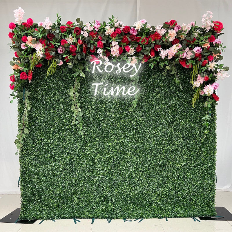 💥BF SALE: Wedding Grass Red Flower Wall Roll Up Fabric Back Greenery Backdrop#RTW010