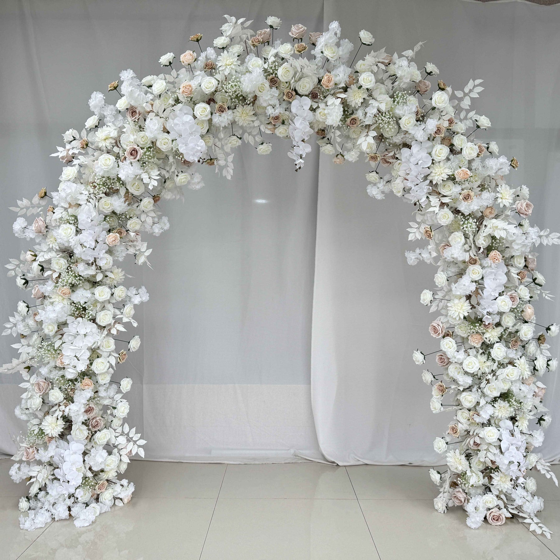 Roseytime White Artificial Flower Round Arch Fabric Back 8ftx8ft