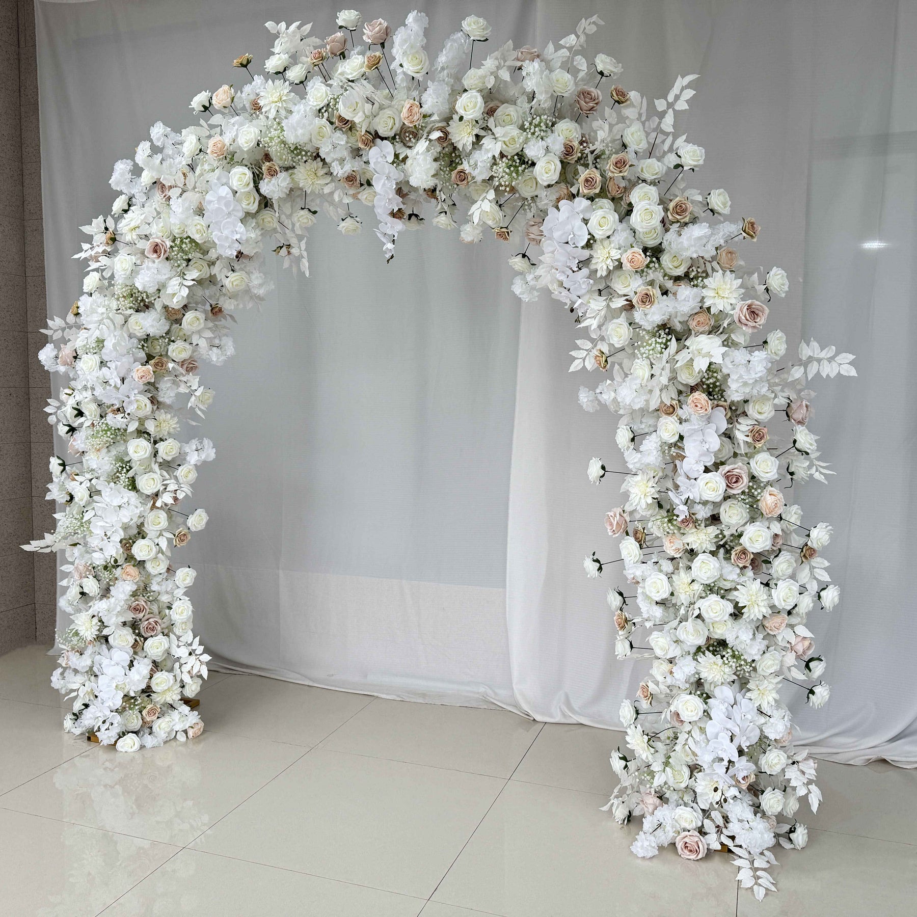 Roseytime White Artificial Flower Round Arch Fabric Back 8ftx8ft